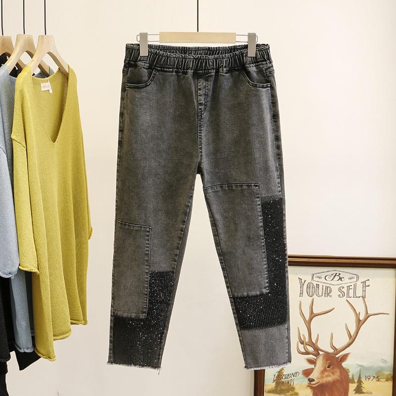 Korean Style Plus Size Slim Fit Jeans For Women With Rhinestone Patchwork