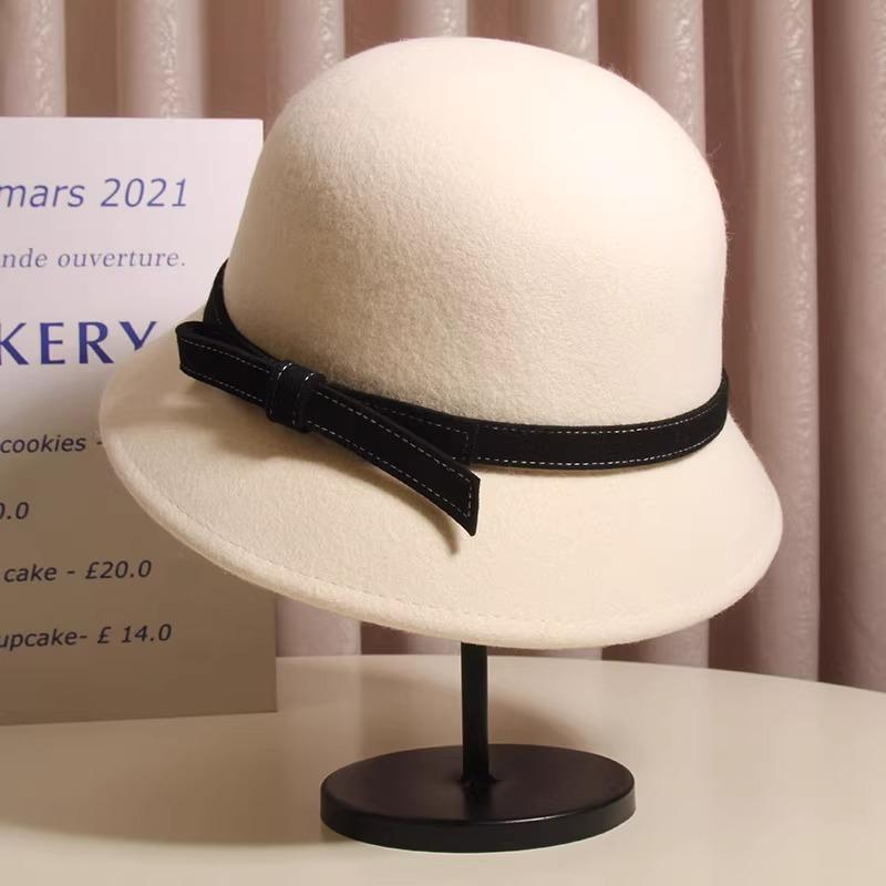 Wool Contrasting Bow and Basin Hat for Women with Small Fragrance Style Showing Their Faces Fisherman's Hat Retro Style and Versatile