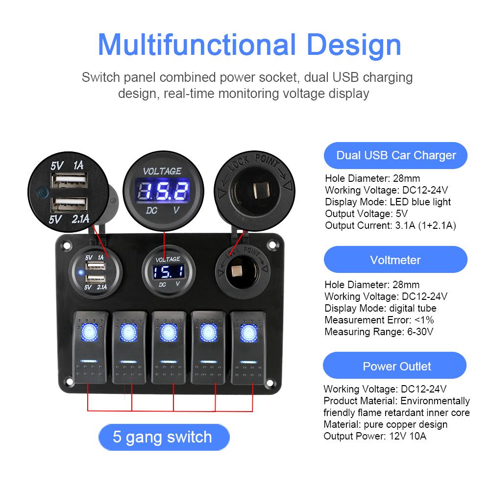 With Fuse USB Chargers Socket 12V 24V Car Light Toggle 5 Buttons LED Rocker Switch Panel Boat Digital Voltage Test Accessories