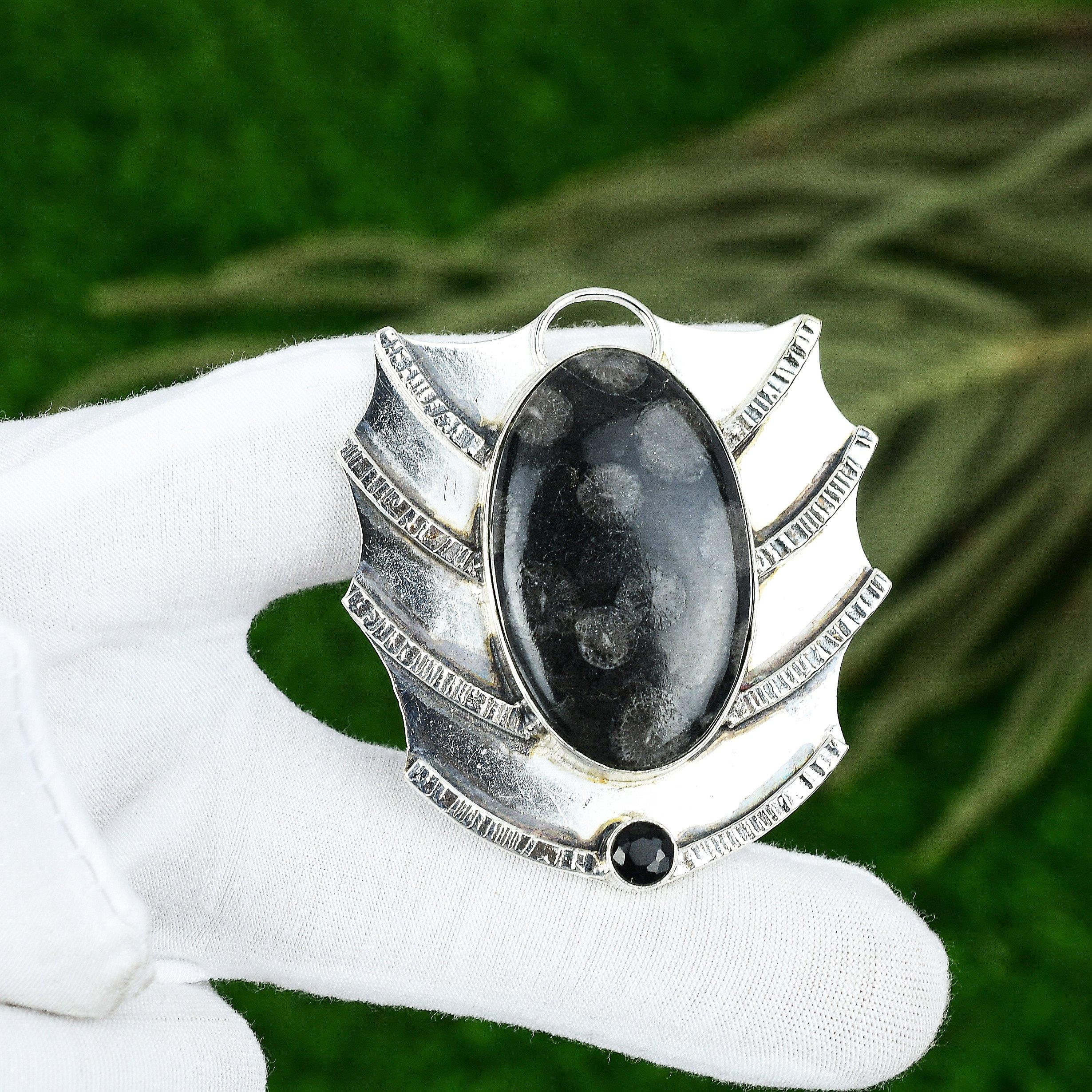 Пасхальная распродажа Черный ископаемый коралл Драгоценный камень Шпинель Подвеска для жены Серебро 925 пробы