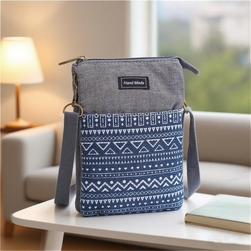 Boho Leinwand Handy Umhängetasche Ethnisches Stammesmuster Handytasche Verstellbarer Schultergurt Kleine Reise-Pass Tasche für Damen