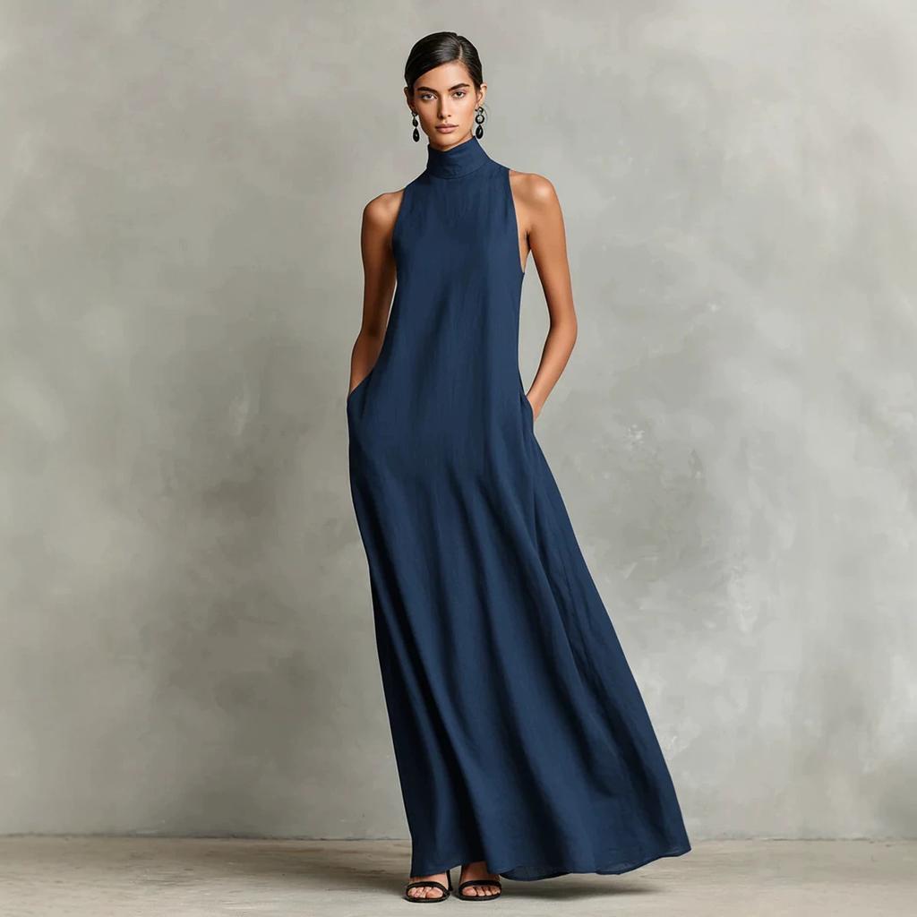 Women's Stand Collar Sleeveless Slim Fit Mid Waist European A-Line Maxi Dress