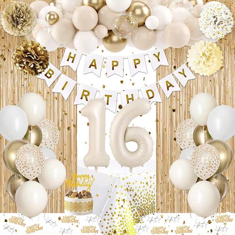 21st Birthday Decorations for Her, Happy 21st Bday Decorations White and Gold Balloons Happy Birthday Banner Tablecloth Fringe Curtain Cake Topper