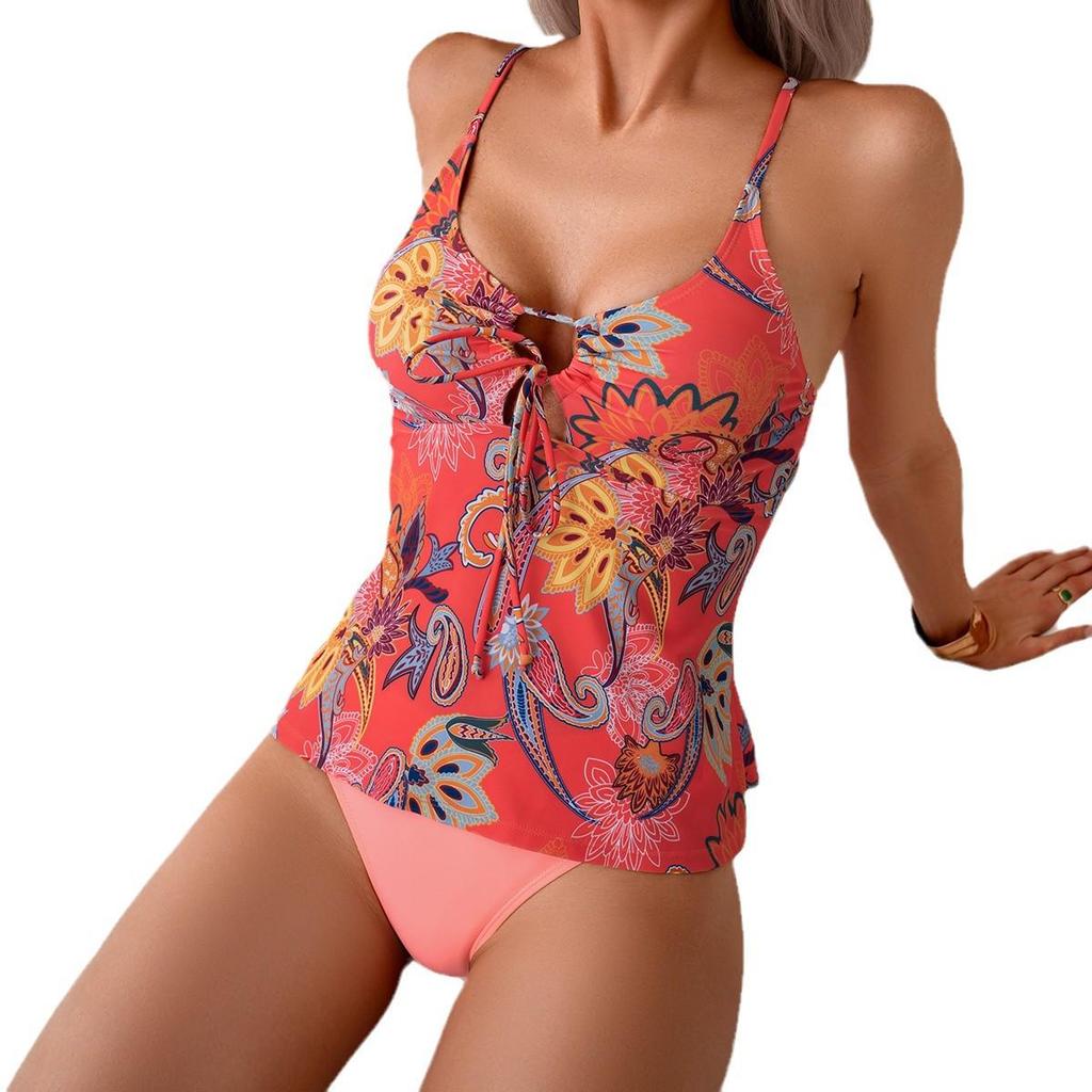 Women's Slimming Printed Tankini Set with Tummy-Covering Sling Top and Solid Triangle Bottoms