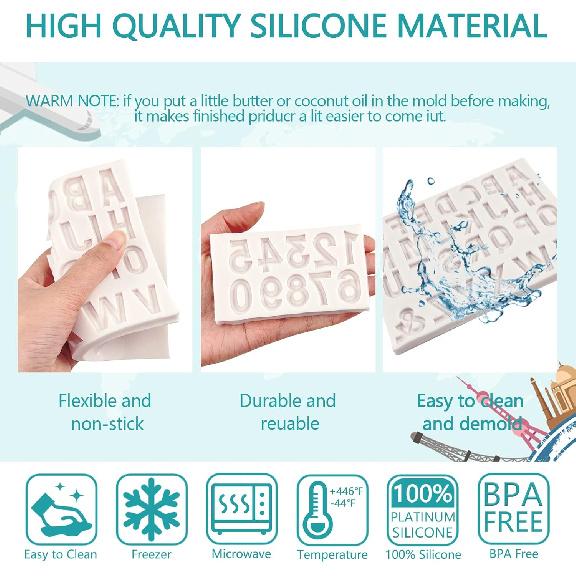 26 Capital Letter Fondant Molds, Alphabet Number 0-9 Chocolate Cake Decorating Silicone Mold 2pcs Birthday Party Anniversary Valentine's Day Candy