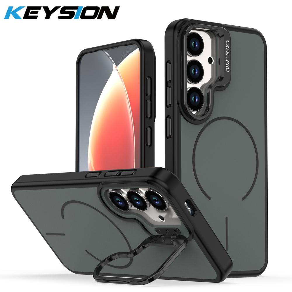 KEYSION Matte Skin Feel Lens Stand Phone Case for Magsafe for Samsung Galaxy S25 S26 Ultra 5G S25+ FE Magnetic Shockproof Cover for Galaxy S26 чёрный