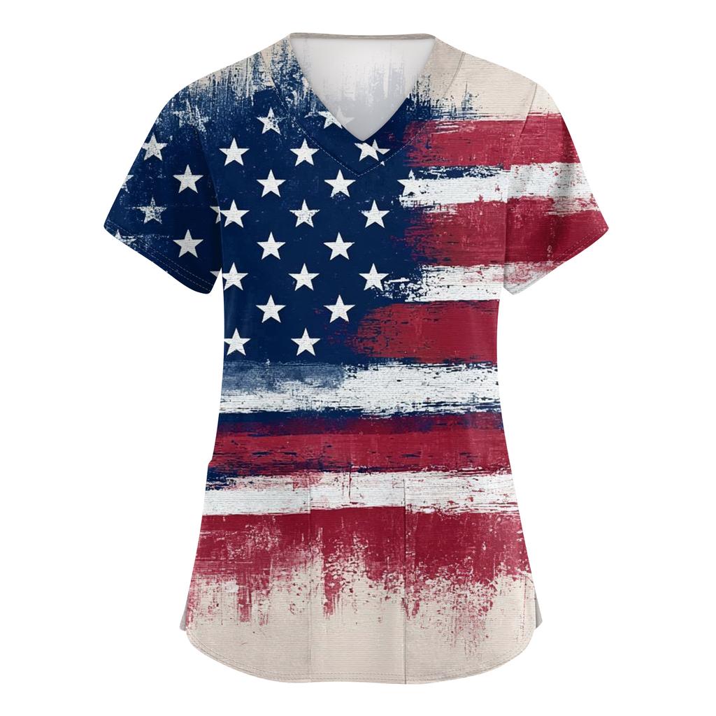 Damen V-Ausschnitt Unabhängigkeitstag Aufdruck Kurzarm Tasche Seitenöffnung Schutzkleidung Arbeitshemd