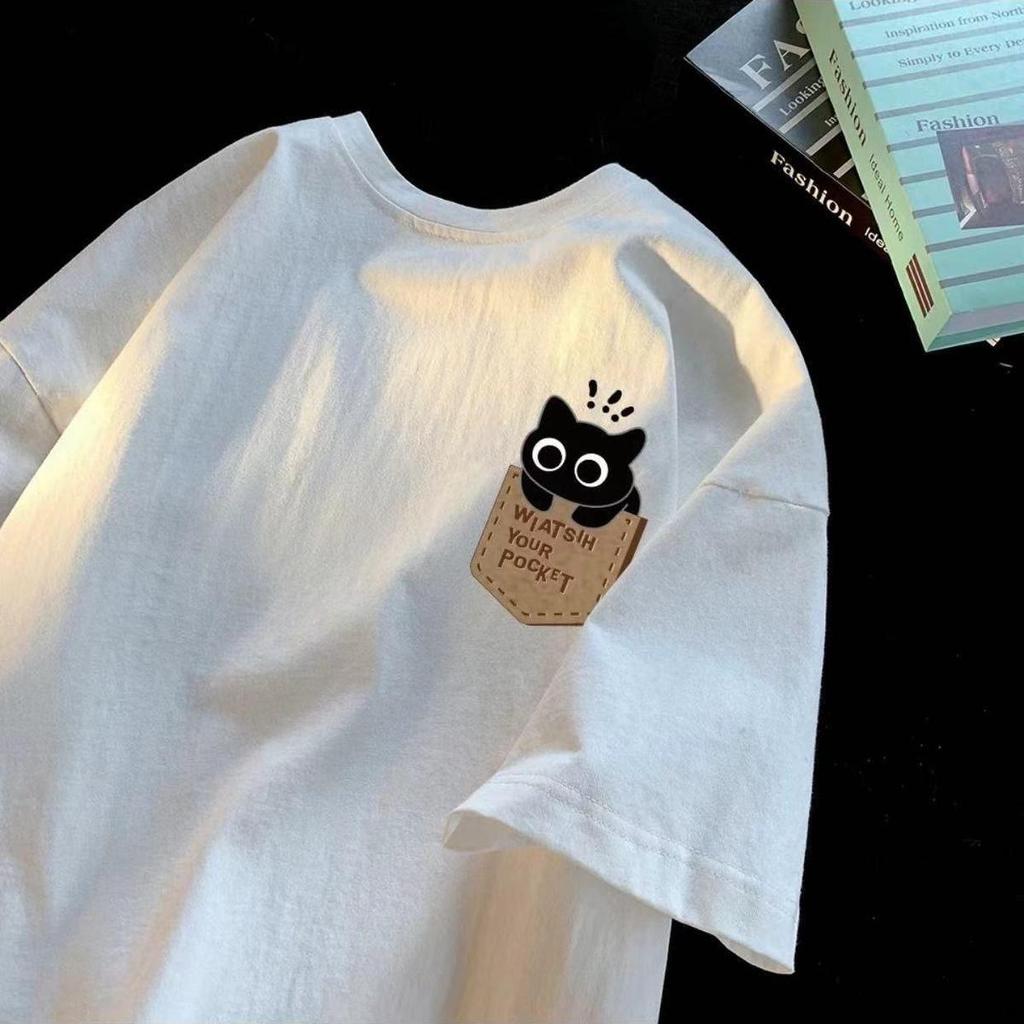Couple's American-Style Cotton T-Shirt with Fake Pocket Print