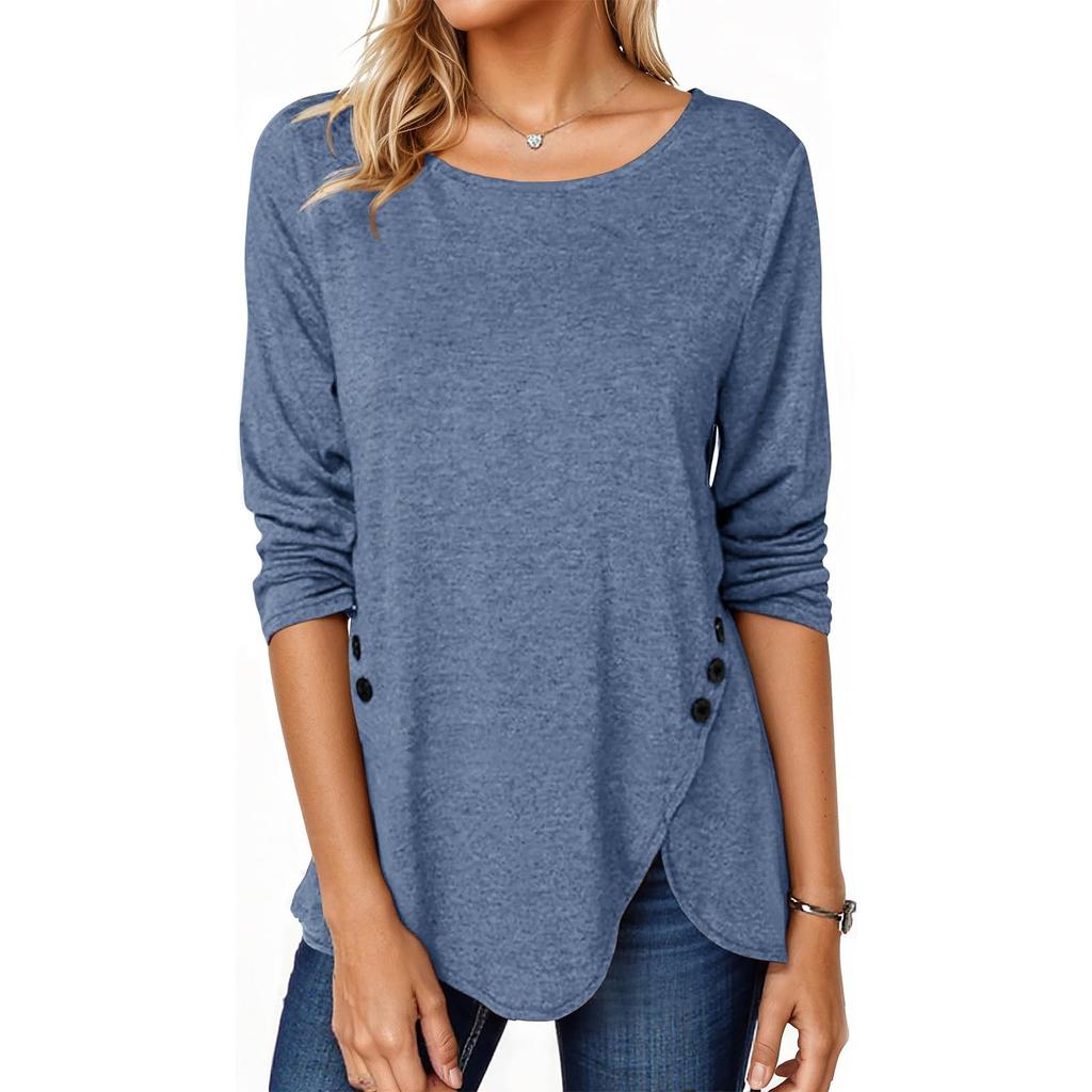 Women's T-shirt, Color, Round Neck, Long Sleeve, Irregular Button, Hem Top