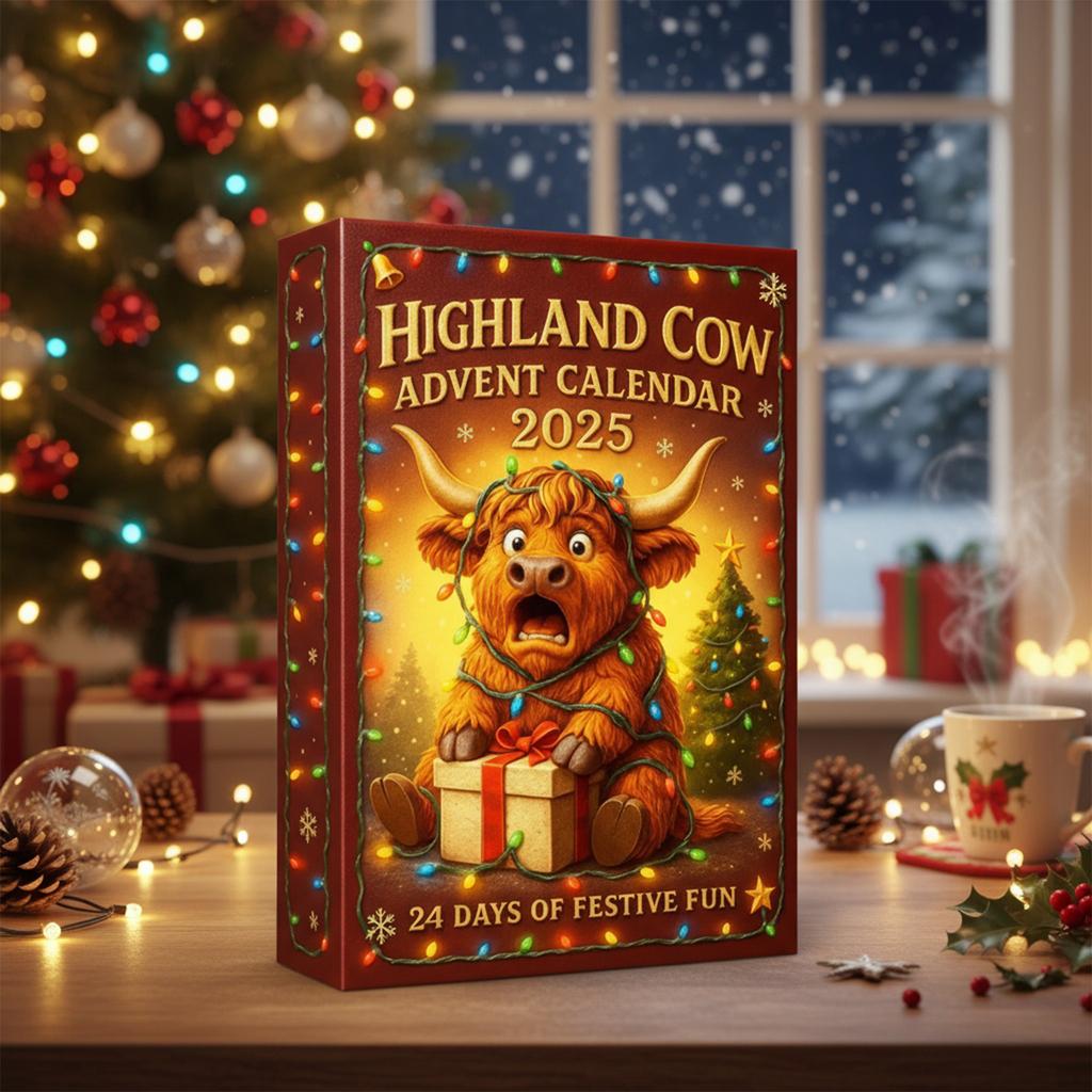 Advent Calendar 2025 with 24 Highland Cow Ornaments 24 Days Christmas Countdown Calendar Highland Cow Surprise Figurine Gift Box