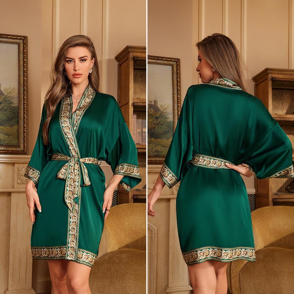 Yaoting Elegant Retro Chinese-Style Satin Nightgown for Women, Luxurious & Noble Home Bathrobe - Summer 3370.