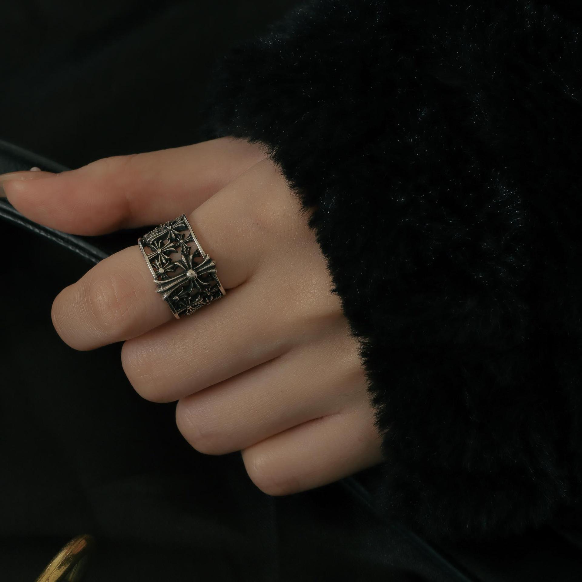 Kuaishou Original Niche Design High Sense Cross Love Retro Fashion Index Finger Ring Adjustable opening