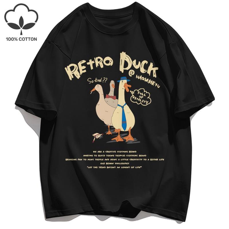 Retro Duck Print Mens T-Shirts Loose Cotton Breathable Short Sleeve Trendy All-Match Clothes Summer Soft Unisex Basics Top