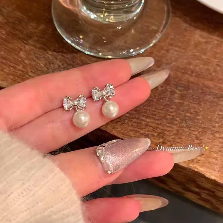 2025 Trendy Korean Micro-Inlaid Zircon Bow Earrings with S925 Silver Needle and Pearl for Women