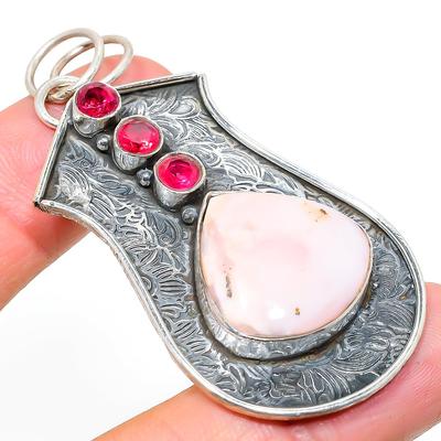 Natural Pink Opal, Garnet Gemstone 925 Sterling Silver Pendant 2.60" A7t20