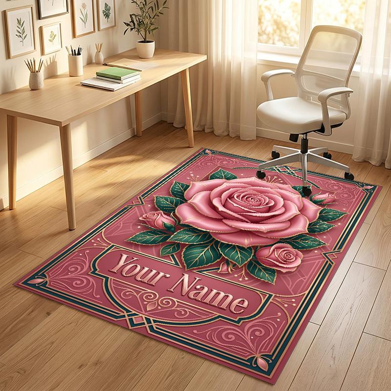 Roses Butterflies Theme Soft Crystal Velvet Rug Custom Name & Text Print Non Slip Floor Rug for Bedroom Living Room
