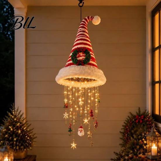 DIY Christmas Ceiling Pendant Light?Up Santa Hat Hanging Chandelier Kit, Warm LED String Lights Outdoor Porch Holiday Decor with Star Tassel, Indoor