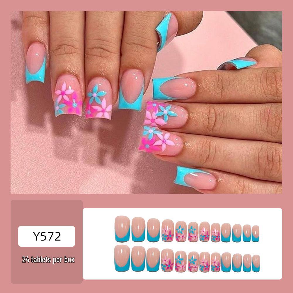 Chinese Style Wearable Nail Tips - Sky Blue, French Pink, Rose Red with Floral Designs