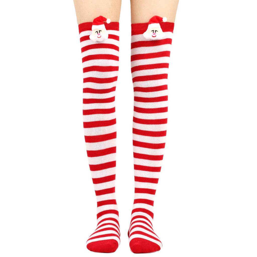 Women's Christmas Striped Thigh High Socks with Santa Claus Doll Design