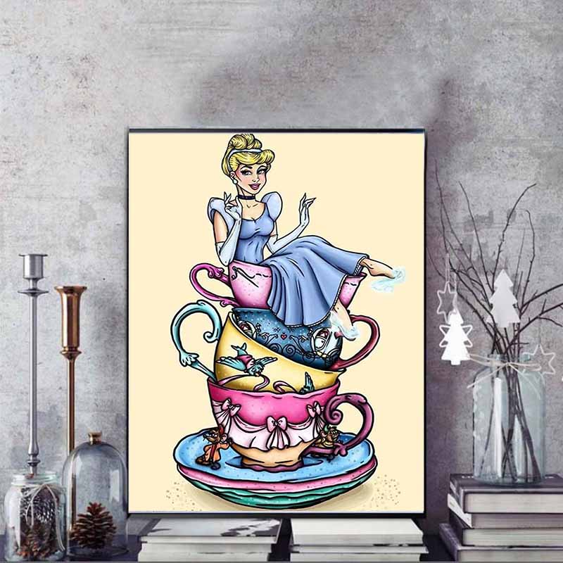 Disney Diamond Painting Cinderella Teacup Stacking Creative Illustration Cartoon Diamond Painting Full Diamond Cross-Stitch DIY Gift Home Decoration