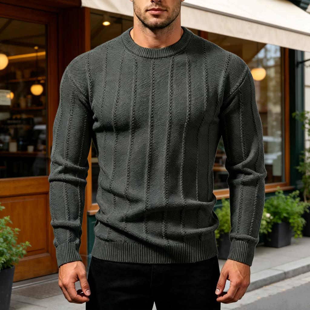 Men's Crewneck Ribbed Knit Sweater, Long Sleeve Pullover with Vertical Texture for Fall and Winter