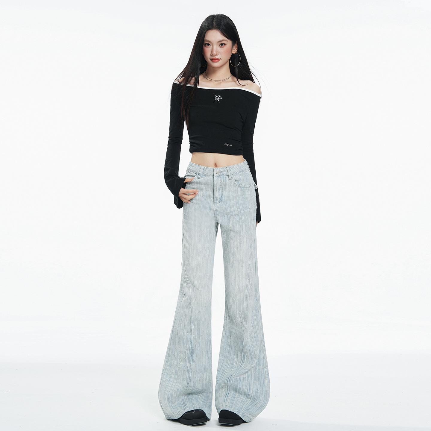 Women s 2025 High-Waisted Jacquard Pocket Micro-Flare Jeans M