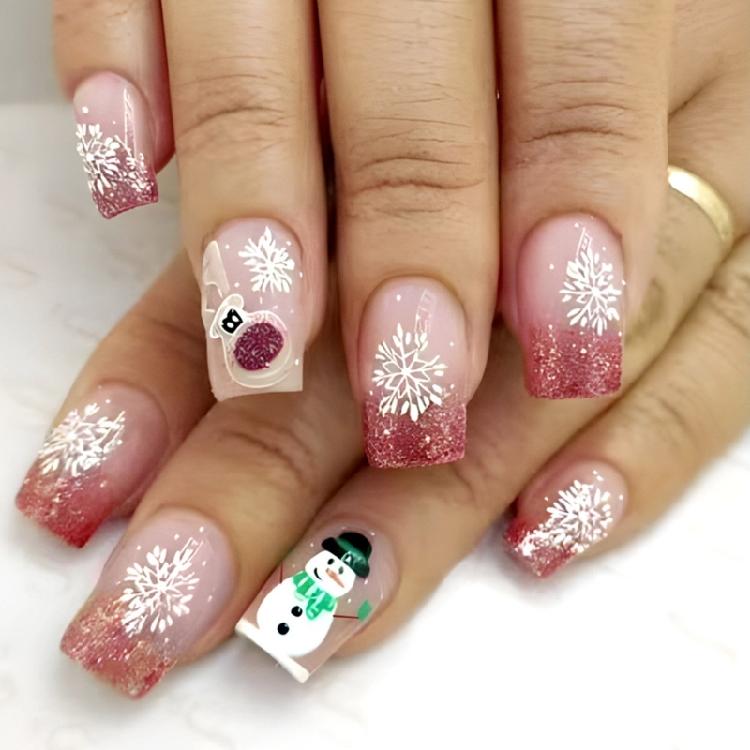 

24PCS Holiday Snowflake Press on Nail Short Square False Nail with Snowmen Designs Glittering Winter Acrylic Nail 1