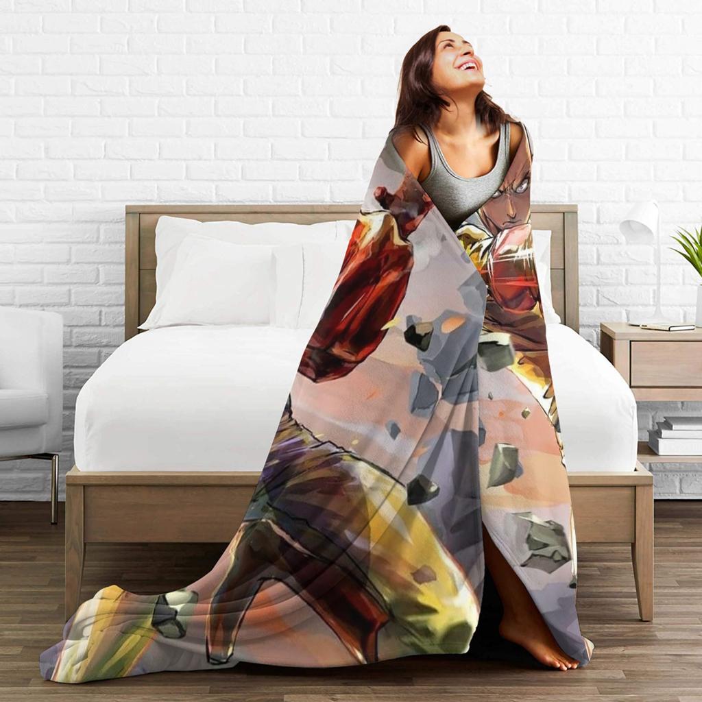 Anime One Punch Man Fleece Throw Blanket Saitama Cartoon Blankets for Home Office Lightweight Bedding Throws,