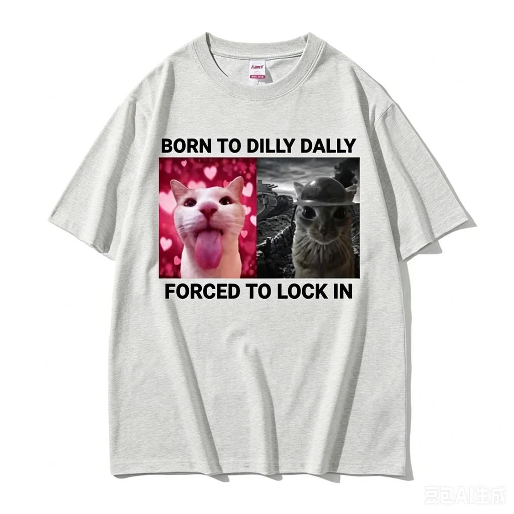 2026 Born To Dilly Dally Forced To Lock In Funny Cat Meme Adults Kids Clothing Short Sleeve Round Neck Printing Tshirts