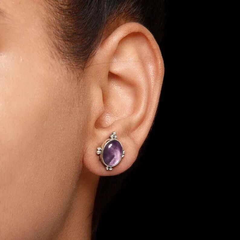 925 Sterling Silver, Purple Amethyst Oval Studs, Natural Amethyst Post Earrings