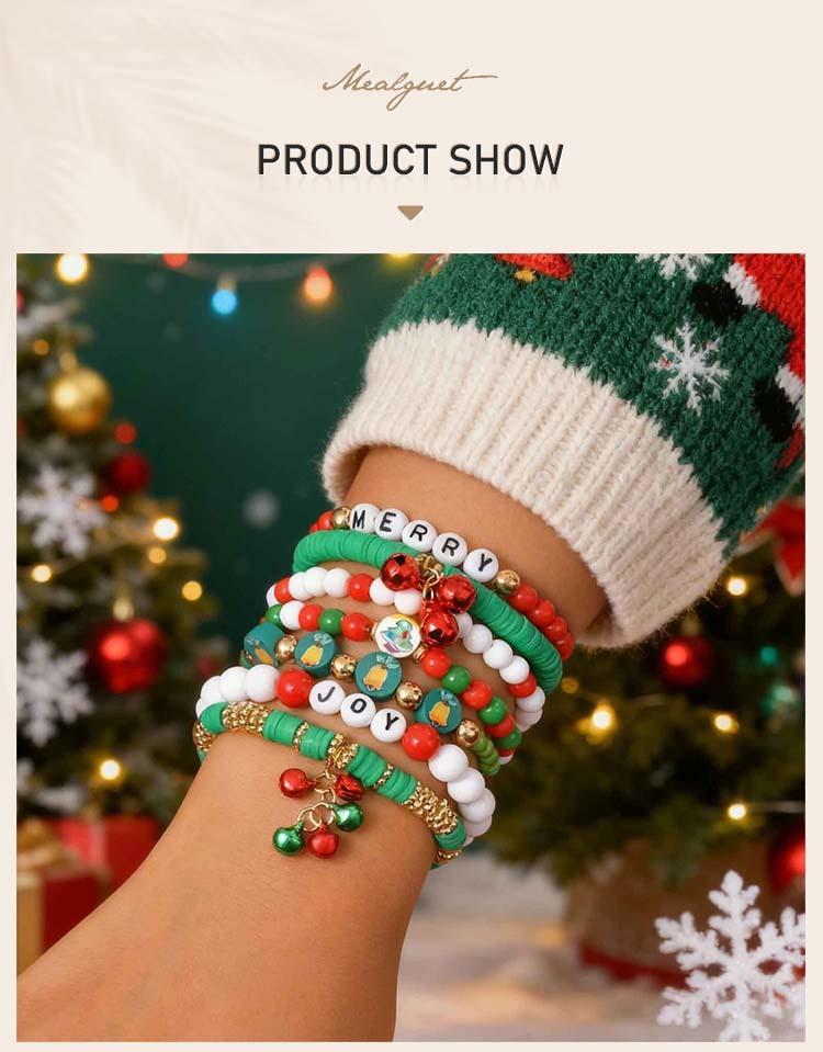 Christmas Bracelets, Charms Bell Snowman Xmas Tree Beaded Stretch Bracelets Set, Holiday Gift Jewelry For Women