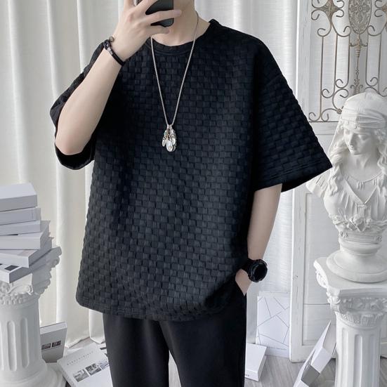 O-Neck Short Sleeve 3D Waffle Men T-shirt Summer Solid Color Simple Tee Shirt Streetwear