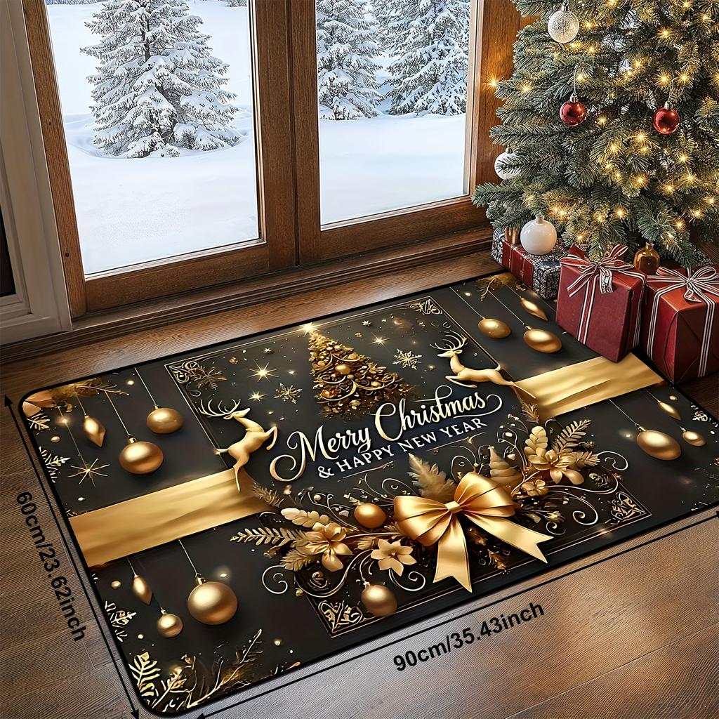 VIKAMA Bow Bell Poinsettia Christmas Doormat Non-Slip Washable Front Door Rug Indoor Outdoor Winter Holiday Decor