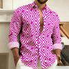Men's Lapel Long-Sleeved Shirt with Printed Greek Key Pattern, Stylish, Handsome, Vintage, and Comfortable Men's Top.