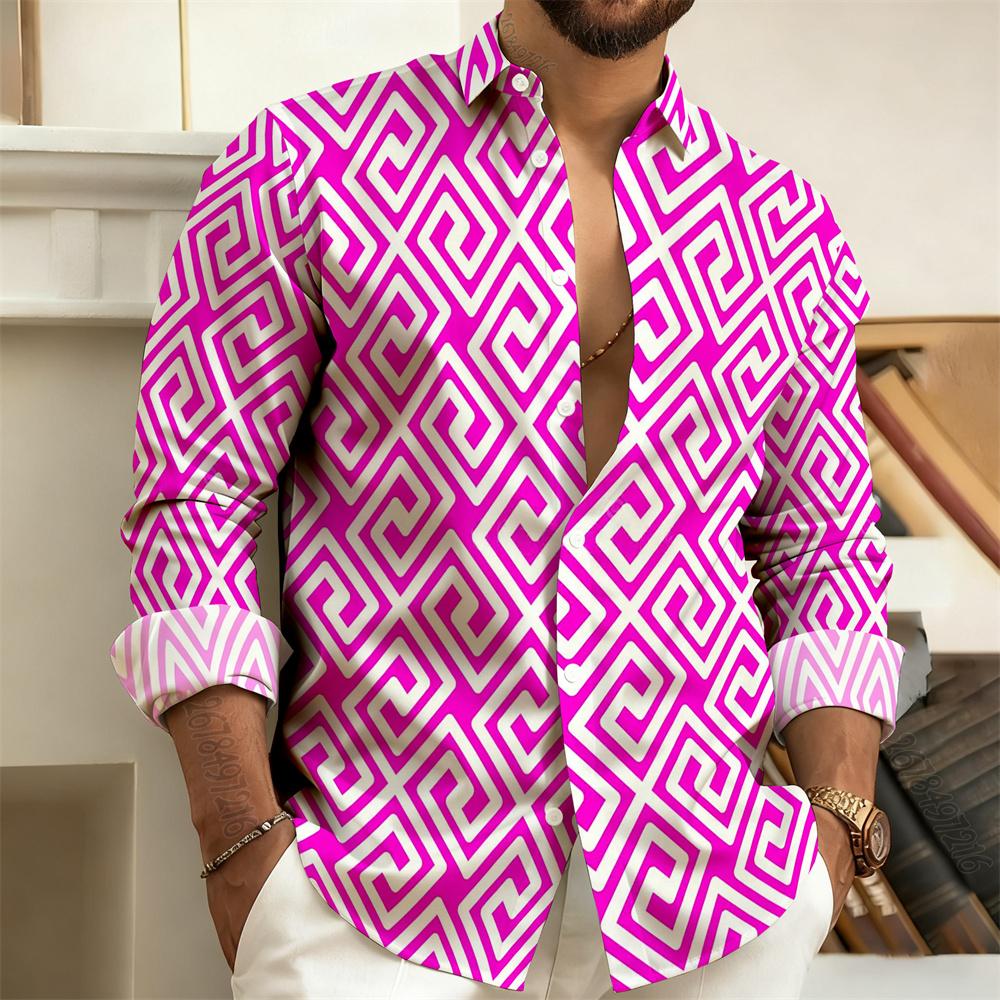 Men's Lapel Long-Sleeved Shirt with Printed Greek Key Pattern, Stylish, Handsome, Vintage, and Comfortable Men's Top.