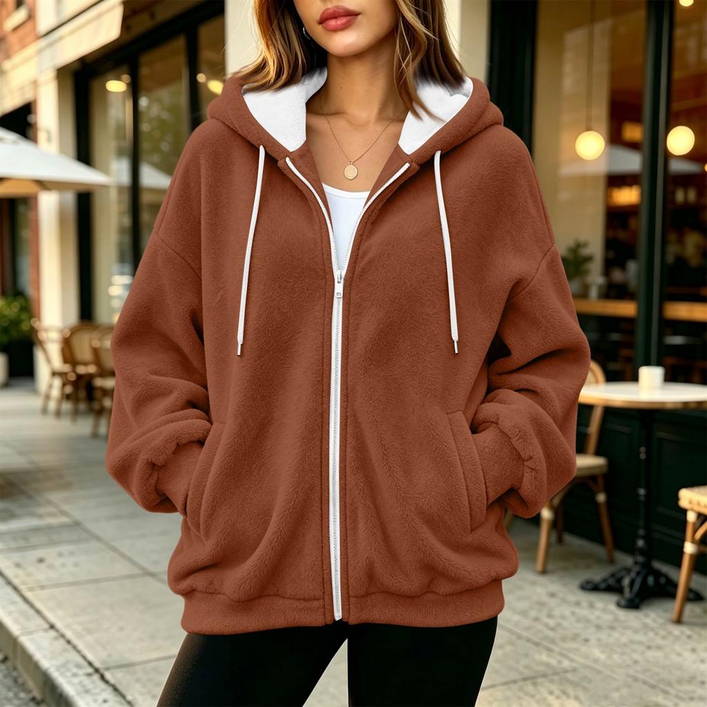 Sweat à capuche zippé pour femme, manches longues, coupe ample, veste décontractée de couleur