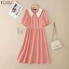 ZANZEA Women Casual Splice Doll Collar Summer Short Sleeve Dress
