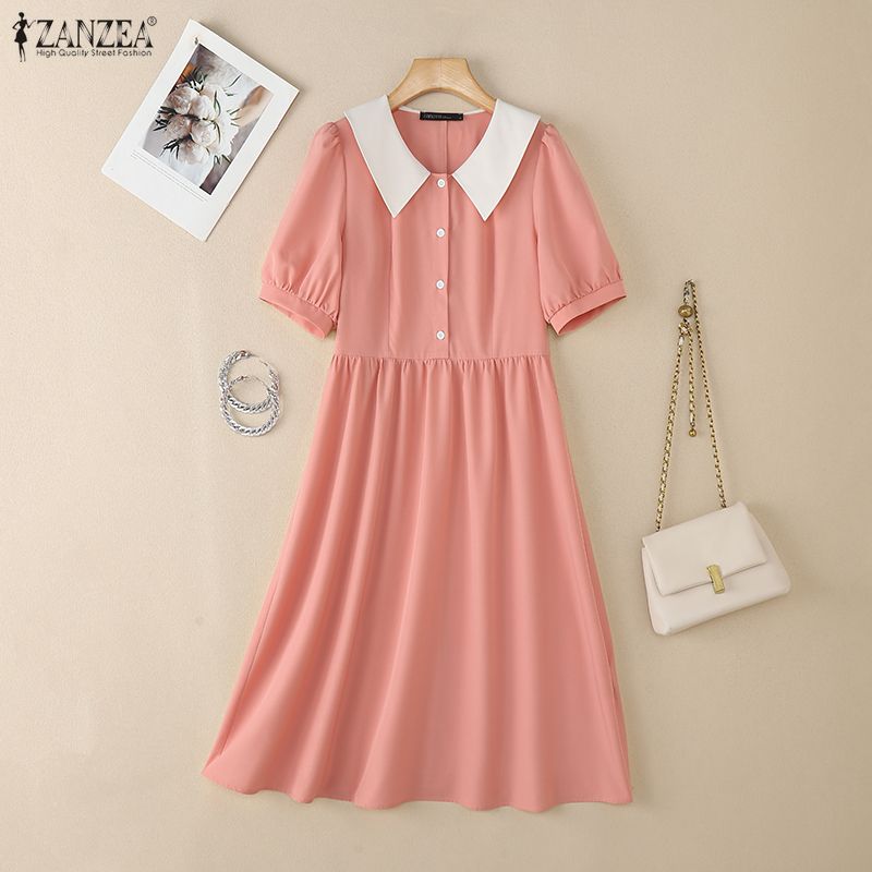 ZANZEA Women Casual Splice Doll Collar Summer Short Sleeve Dress