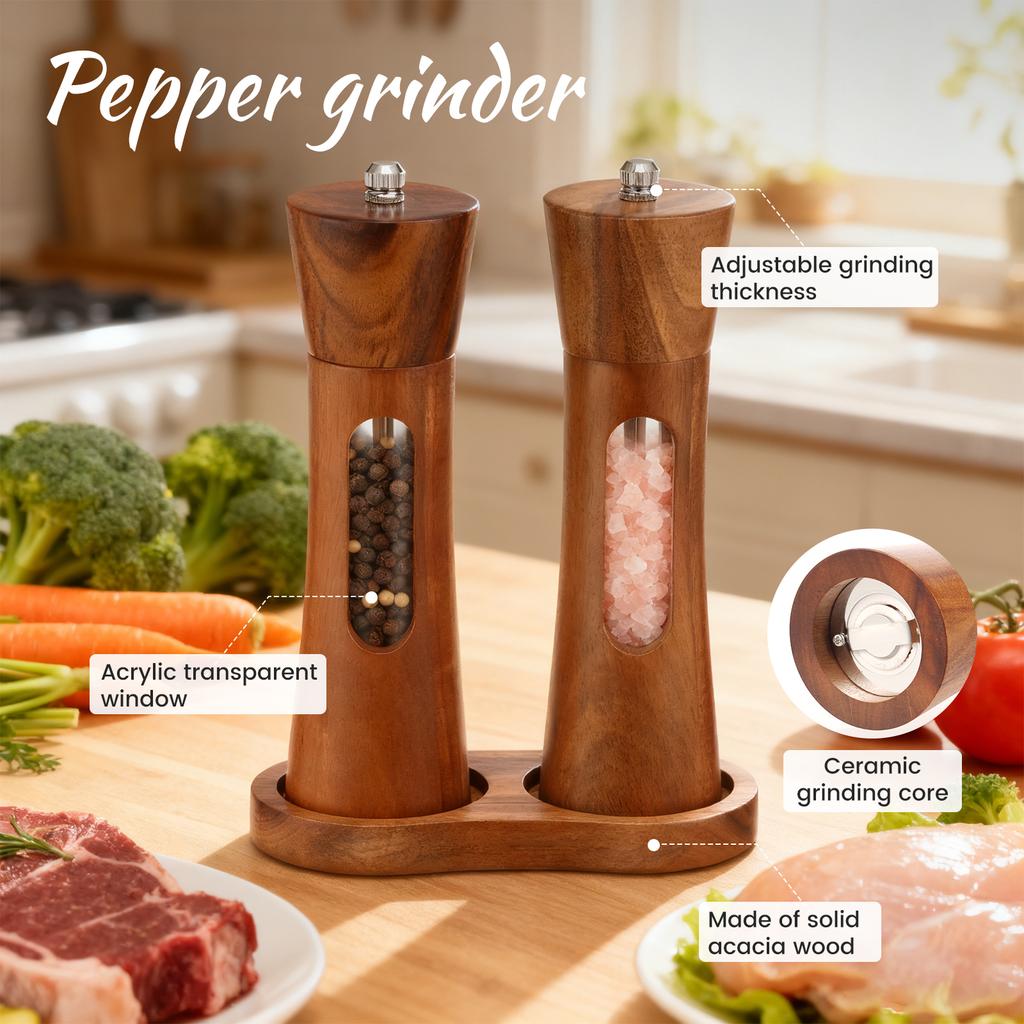 1 Set Manual Salt and Pepper Grinder Wooden Adjustable Coarseness Multi-purpose Spices Grinder 7.87 Inch Salt Pepper Grinder Set