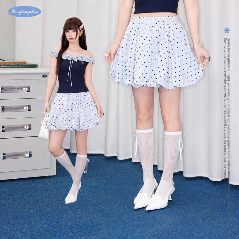UNIFREE Women s Polka Dot Petal Hem A-Line Skirt L