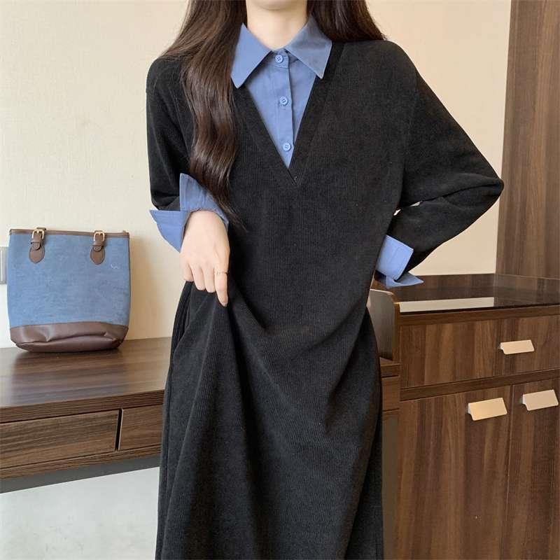 

Plus Size Color Block Slimming Two-in-One Dress - Women s Autumn Style XL [120-140 lbs]