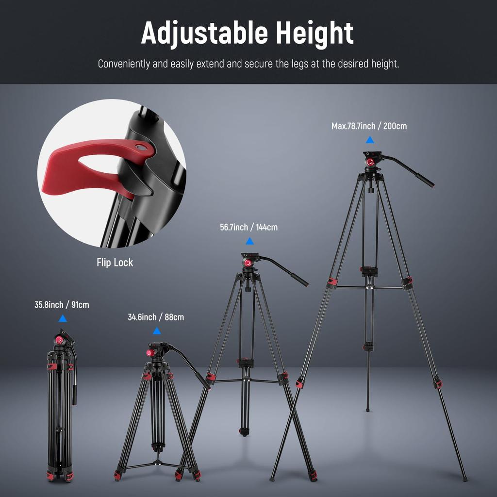 NEEWER Video Tripod 200cm Fluid Head with QR Plate Adjustable Large Camera Tripod Suitable for DSLR Camera Made of Aluminum Alloy Load Capacity 8kg