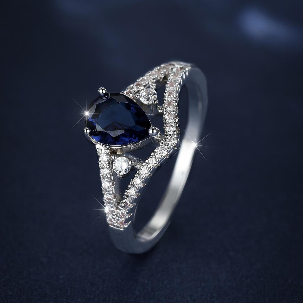 Vintage court-style pear-shaped blue diamond ring Light luxury, vintage-style, layered, hollowed-out, and diamond-studded women's ring