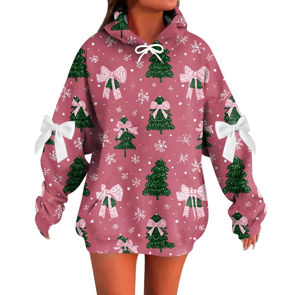 Ladies' Christmas Printed Bow Long Sleeved Loose Fitting Headband With Rope Hooded Sweatshirt Top