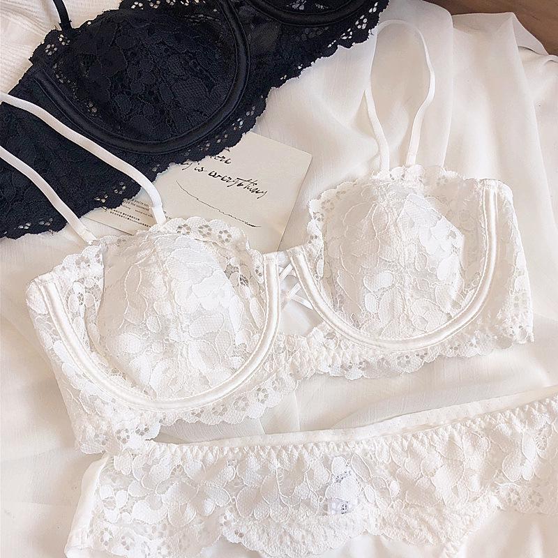 French Lace Embroidered Underwear Set: Soft Half-Cup Bra with Underwire & Cotton, Perfect for All Bust Sizes