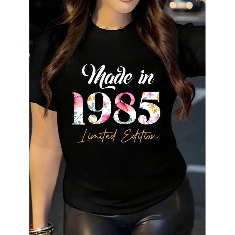 

European Size Women S 1985 Floral Print T-Shirt - Casual Short Sleeve, Round Neck, White with Colorful Flowers & Butterflies, Birthday Tshirt 4XL чорний