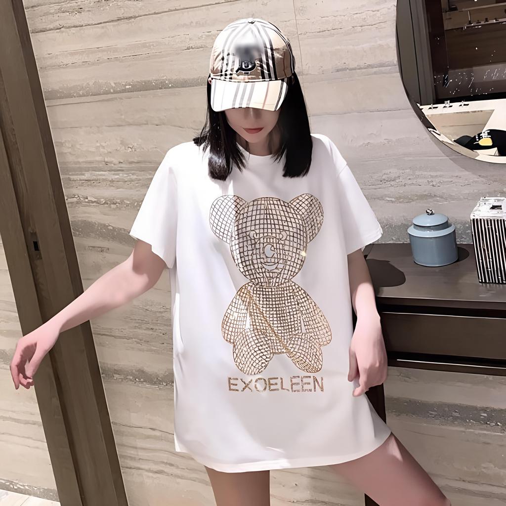 Hip Hop Casual T-shirt for Women with Shiny Gold Diamond Bear Print and Loose Short Sleeves