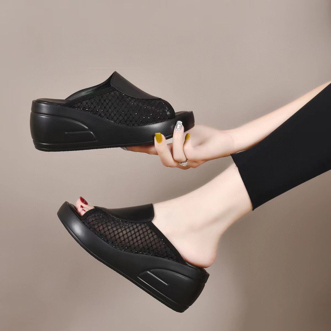 

Летние тапочки женские на толстой подошве с покатым каблуком женские туфли с внешним слоем из бисквита женские тапочки в одну линию 40 чёрный