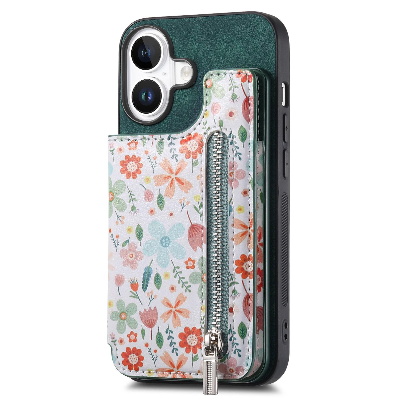 

D10 For iPhone 16 Plus Case Pattern Kickstand Wallet Leather+TPU Phone Cover RFID Blocking Green