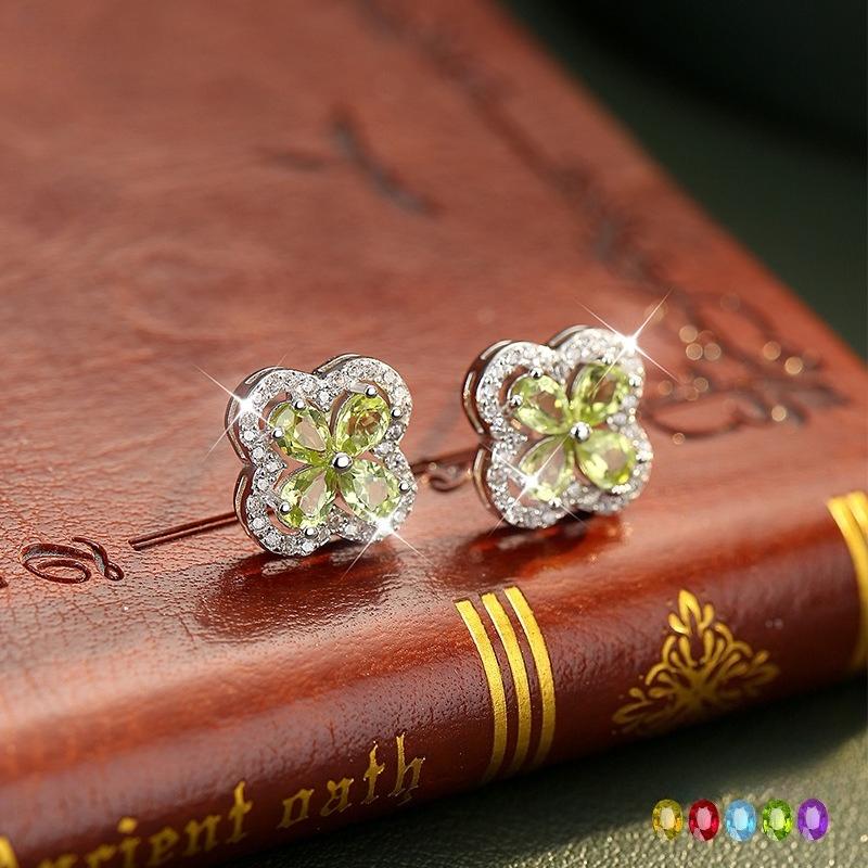 S925 Sterling Silver Four Leaf Clover Stud Earrings Natural Amethyst Topaz Advanced Sense Earring Minimalist Luxury